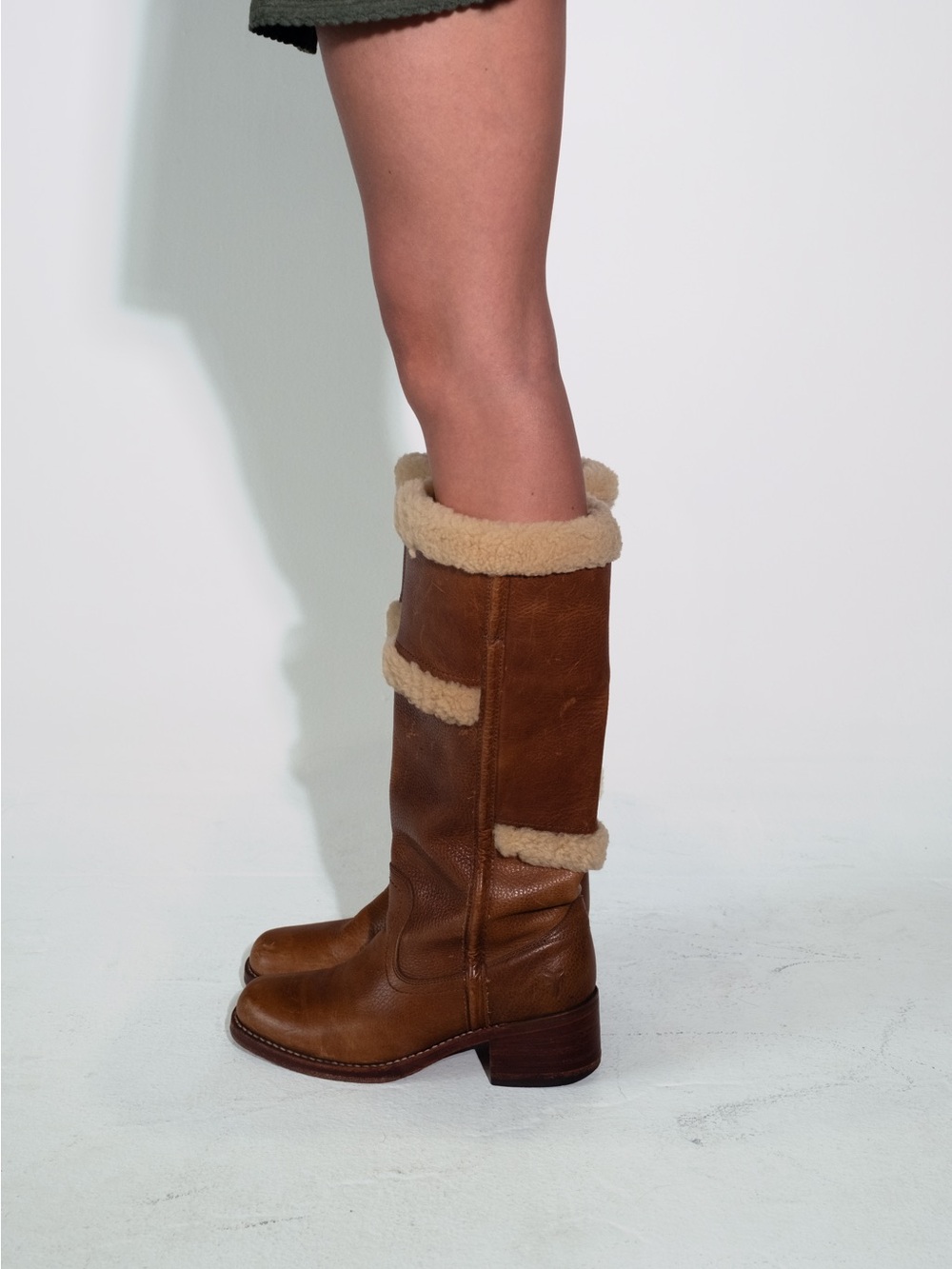 Frye Brown Leather Shearling-Trim Knee Boots